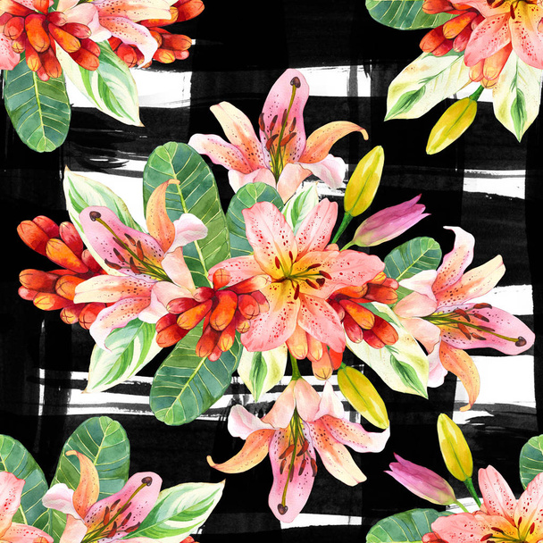 Lilies bouquet watercolor seamless pattern. Pink flowers, buds on grunge black ink smudges background. Tiger lilium stargazer with green foliage. Botanic wrapping paper, wallpaper design - 写真・画像