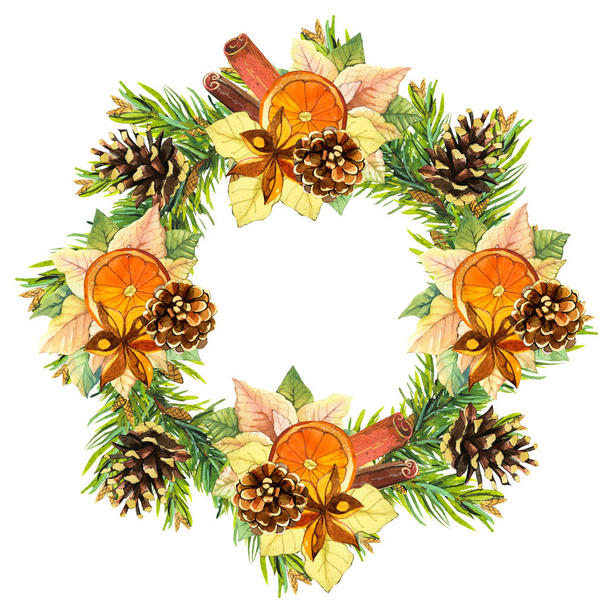 Beautiful watercolor wreath and headline with winter flowers and plants on white background berries, orange slice, pine cones, sinnamon, poinsettia, and pine. Merry christmas. - Foto, afbeelding