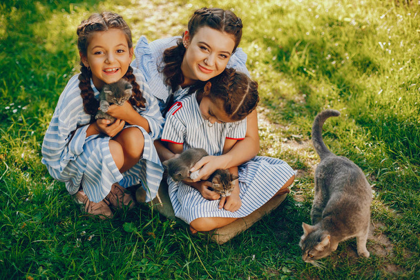 three beautiful girls with cats - Photo, Image