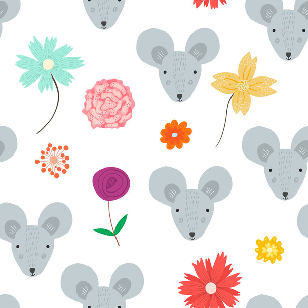 Cute pattern with mouse heads and doodle flowers - Vector, Image