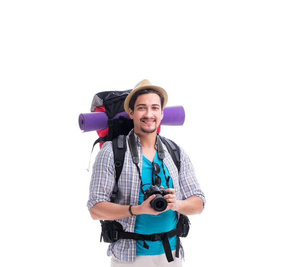 Backpacker with camera isolated on white background - Zdjęcie, obraz