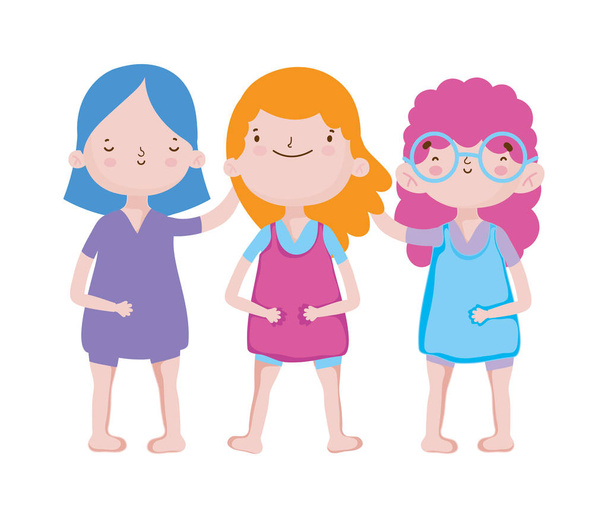 gruppo piccole ragazze amici cartone animato personaggio - Vettoriali, immagini