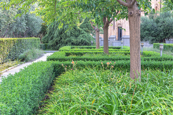 Árboles, hierba verde y arbustos recortados en los terrenos de la Iglesia
 - Foto, imagen