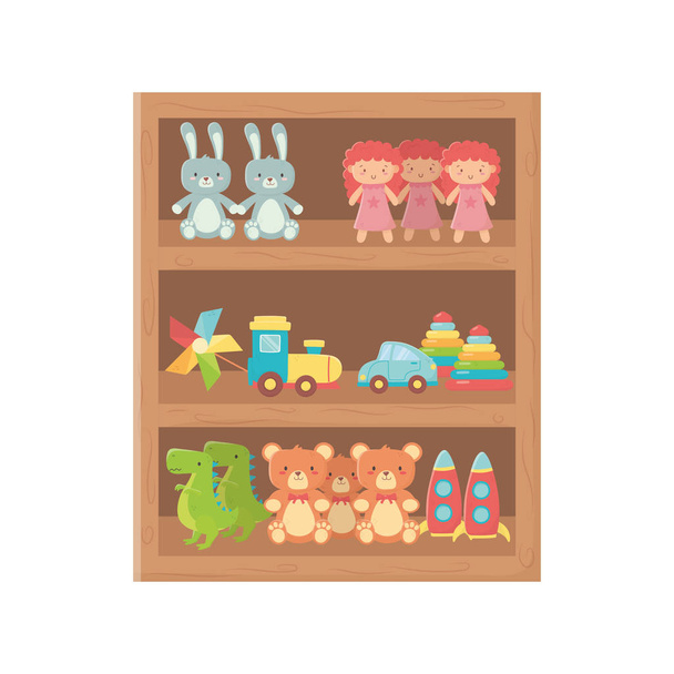 juguete infantil, muebles de madera con juguetes - Vector, imagen