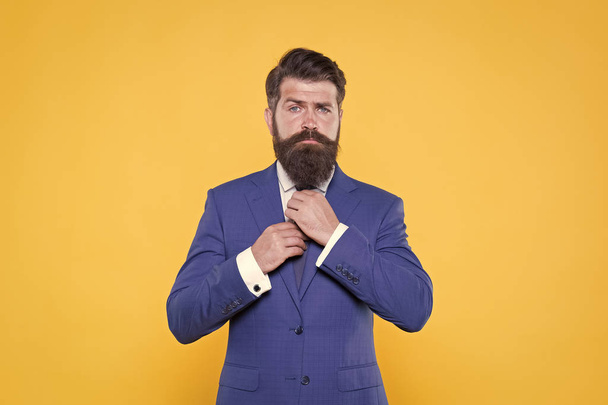 Successful businessman top manager. Serious motivated entrepreneur. Business strategy. Brutal simplicity of thought. Businessman concept. Confident businessman handsome bearded man in formal suit - Photo, image