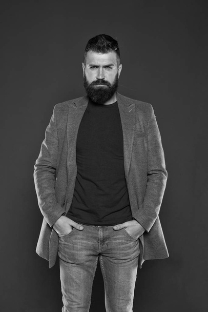 Monochrome style outfit. Classy but modern. Fashion outfit. Masculine look. Brutal hipster man. Hipster wearing casual clothes. Hipster beard and stylish haircut. Bearded man trendy hipster style - Foto, Imagem