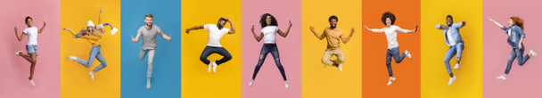 Colagem de jovens multirraciais positivos pulando sobre fundos coloridos
 - Foto, Imagem