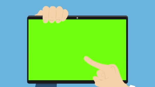 Vooraanzicht van animatie zakenman zijn touch computer scherm met vingertop, platte stijl - Video
