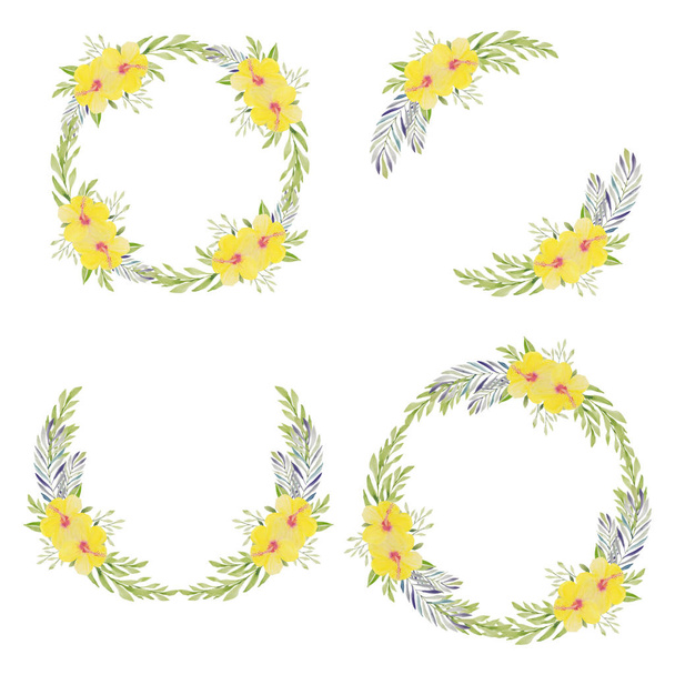 Yellow hibiscus floral circle wreath in watercolor collection - Vector, Image