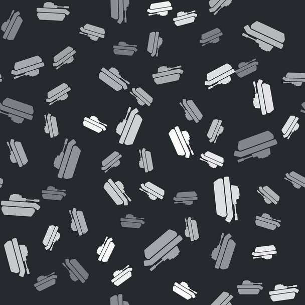 Γκρι Στρατιωτική δεξαμενή εικονίδιο απομονωμένη αδιάλειπτη μοτίβο σε μαύρο φόντο. Εικονογράφηση διανύσματος - Διάνυσμα, εικόνα