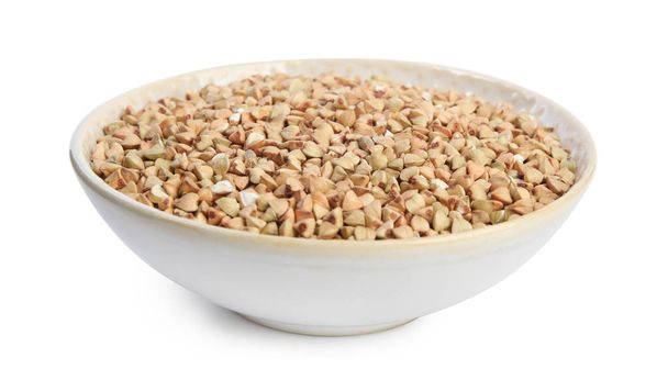 Green buckwheat in bowl isolated on white - Foto, Imagem