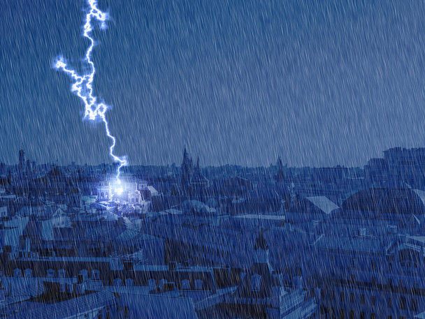 voimakas salama iskee kaupunkien kaupunki, sumentaa taivaan sateella
 - Valokuva, kuva
