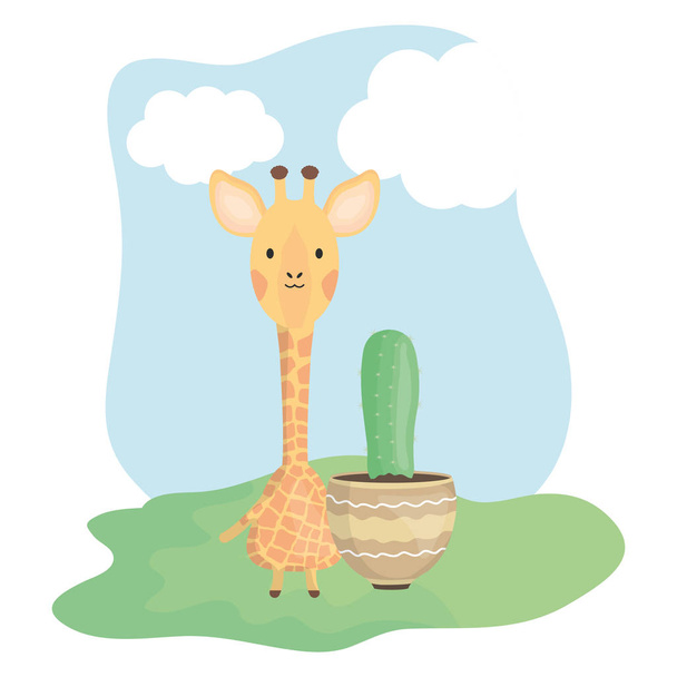 cute giraffe with exotic cactus in ceramic pot - Вектор, зображення