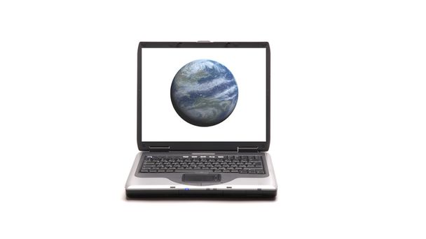 ノート パソコンと白い背景の上の地球 - 写真・画像
