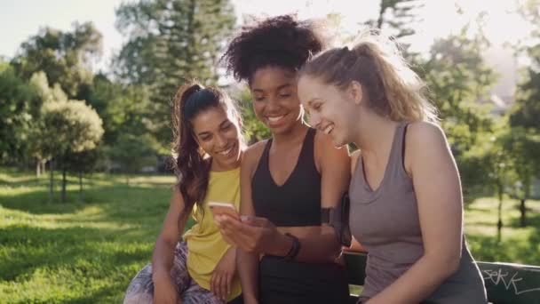 Diverse sportieve jonge vrouwelijke vrienden die 's morgens samen op een bank naar een mobiele telefoon in het park zitten te kijken - groep vrouwelijke vrienden op een mobiele telefoon - Video