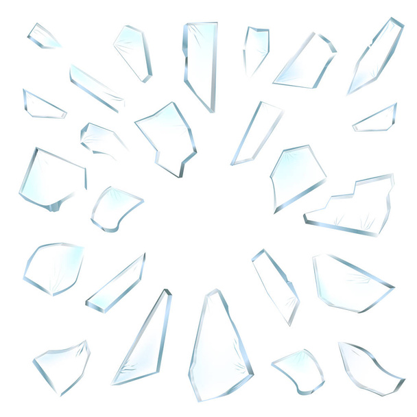 Rozbité střepy. Roztříštěné sklo na bílém pozadí. Realistická ilustrace vektoru - Vektor, obrázek