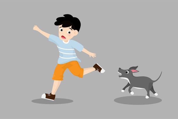 Παιδί No.20μικρό αγόρι τρέχει μακριά από θυμωμένο σκυλί απομονωμένο στο παρασκήνιο. Εικονογράφηση διάνυσμα σε στυλ χαρακτήρα κινουμένων σχεδίων επίπεδη. - Διάνυσμα, εικόνα