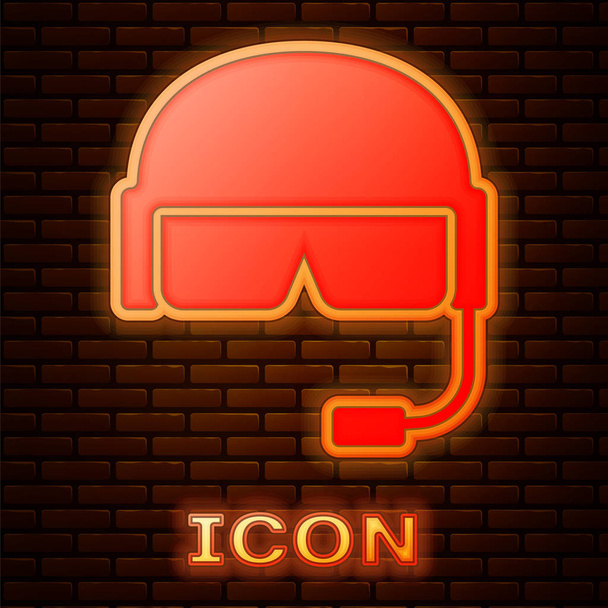 Glowing neon Military helmet icon isolated on brick wall background. Army hat symbol of defense and protect. Protective hat. Vector Illustration - Vector, Image