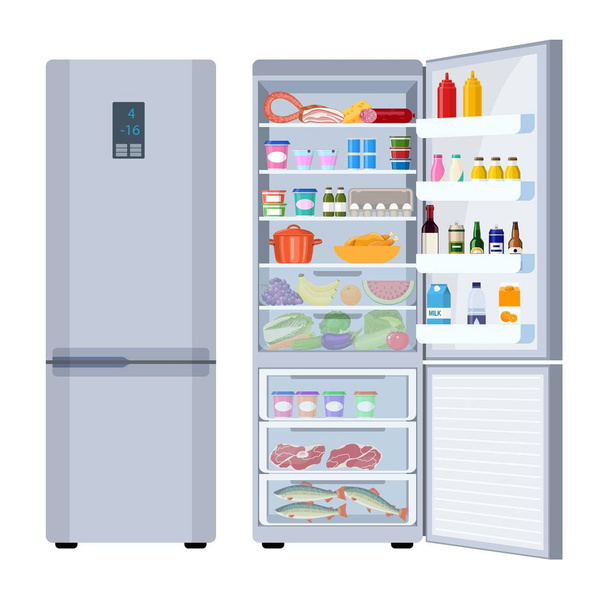 Kühlschrank voller verschiedener Lebensmittel - Vektor, Bild