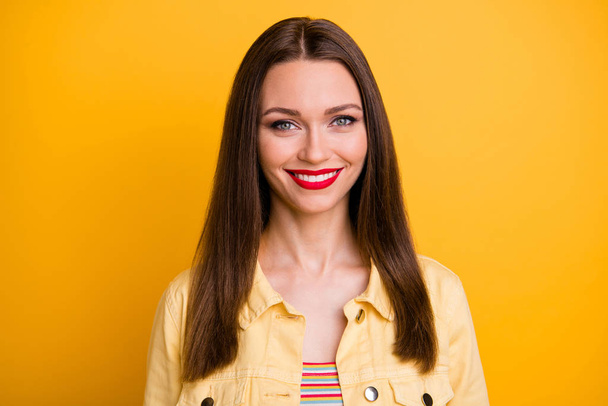 Portrait of cheerful positive cute pretty nice girlfriend looking at you with smile isolated vivid color background - Photo, Image