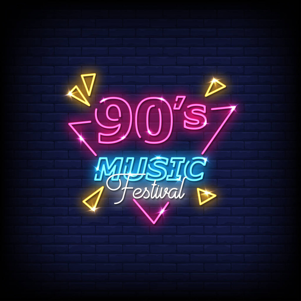 90 's Musik Festival Schriftzug Text Effekt Neon. Lichtbanner, Plakat. Vektor   - Vektor, Bild