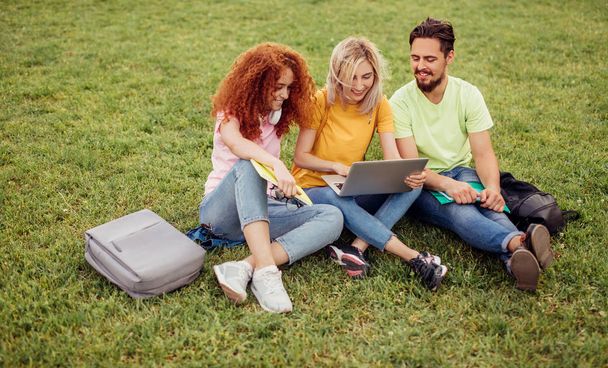 Happy students using laptop on grass - Фото, зображення