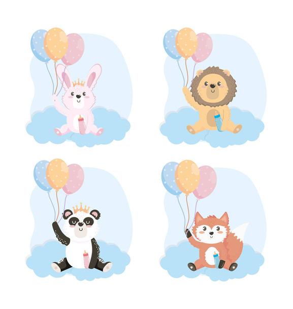 set of cute animals with feeding bottle and balloons - Vector, afbeelding