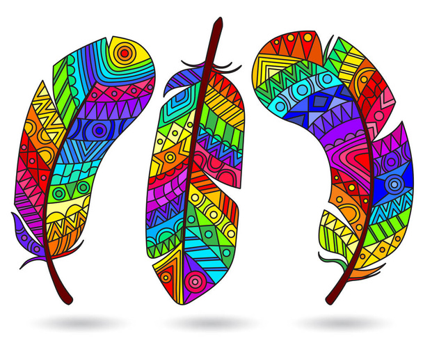 Conjunto de ilustrações em estilo vitral, penas brilhantes arco-íris isoladas em fundo branco
 - Vetor, Imagem