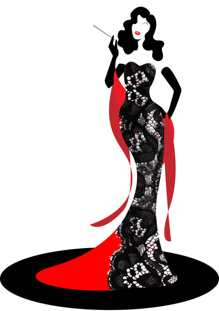 Shop-Logo Mode Frau Silhouette Diva. Firma Markendesign, schönes Luxus Covergirl Retro Frau in schwarzem Spitzenstickerei Damastmuster Kleid, Styling Abendkleid 1940er, 1950er, Vorlage - Vektor, Bild