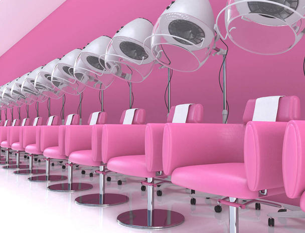 Vergelijkbare standaard haardrogers met fauteuils in het interieur van een schoonheidssalon in pastelroze kleuren. Vrouwelijke kapper interieur ontwerp. 3d weergave illustratie met kopieerruimte. - Foto, afbeelding
