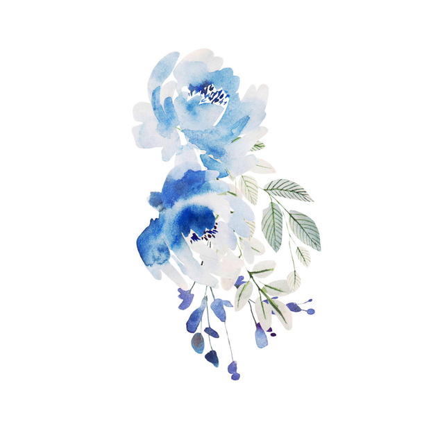Hermosa corona azul boda acuarela con rosas flores y peonía, hojas
.  - Foto, Imagen