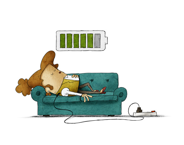 Illustration of a businesswoman on the sofa is connected to the power grid while recharging energy. Recharge concept. isolated - Photo, Image