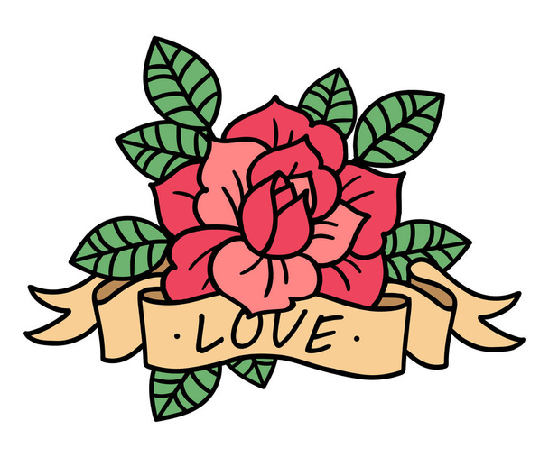 Rose tattoo with ribbon . Vector illustration art. Vintage engraving. - Vector, afbeelding