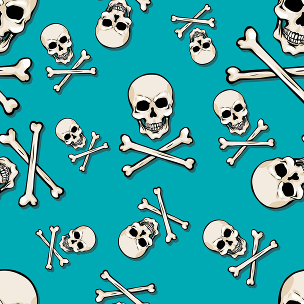 Vektor nahtloses Muster mit Totenköpfen und Knochen auf türkisfarbenem Hintergrund - Vektor, Bild
