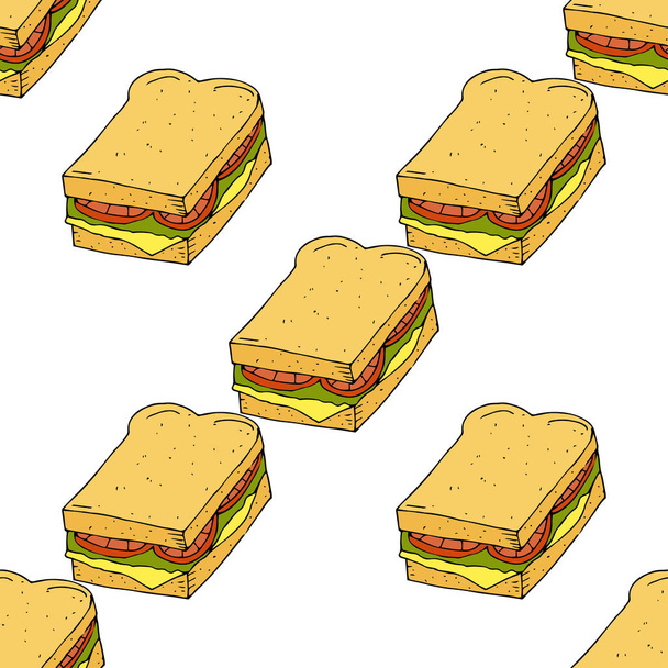 Sandwich.  Seamless pattern. hand drawn vector illustration.   doodles or cartoon style. - Vector, Image