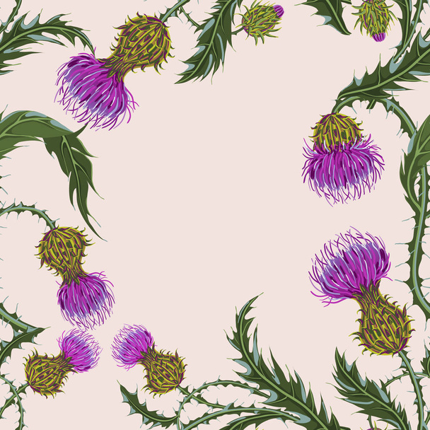 Hand drawn composition of a thistle flower. Seamless pattern with Milk Thistle on background of pastel colors. - ベクター画像
