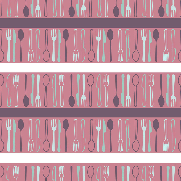 Modèle vectoriel régulier avec couteaux, fourchettes et cuillères entre rayures blanches et violettes. L'un des modèles de collection "Tea Garden Party"
. - Vecteur, image