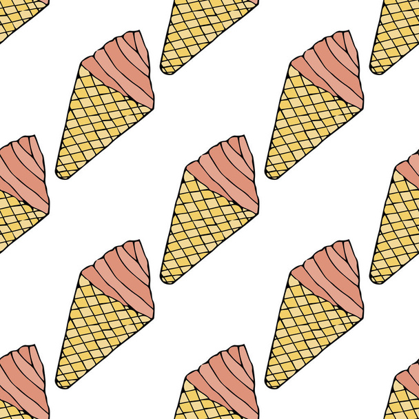Ice cream in a cone waffle cup.  Seamless pattern. hand drawn vector illustration.   doodles or cartoon style - ベクター画像