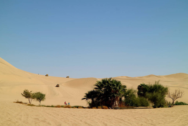 La gente si gode le attività intorno alla piccola oasi sulle immense dune di sabbia del deserto di Huacachina, regione Ica, Perù
 - Foto, immagini