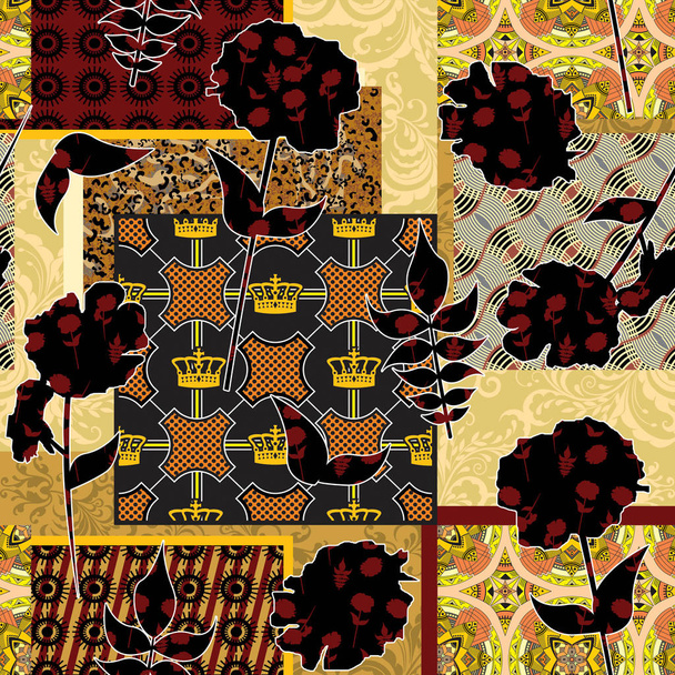 Sans couture Traditionnel, ethnique, motif oriental avec des fleurs monochromes. Des formes géométriques. Accessoires couronne dorée. - illustration
 - Photo, image