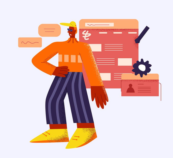 Jonge creatieve mannelijke webdesigner poseren op websites logo landing page pictogram geïsoleerd - Vector, afbeelding