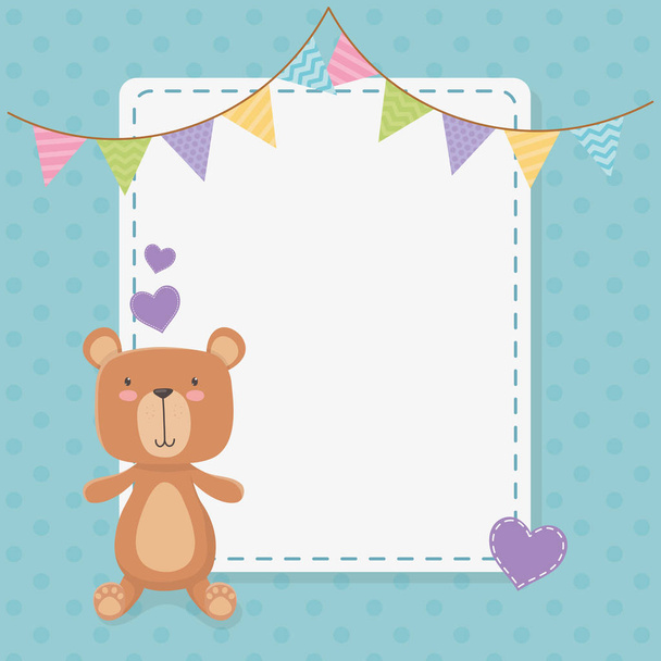 baby shower square card with little bear teddy and garlands - Вектор,изображение