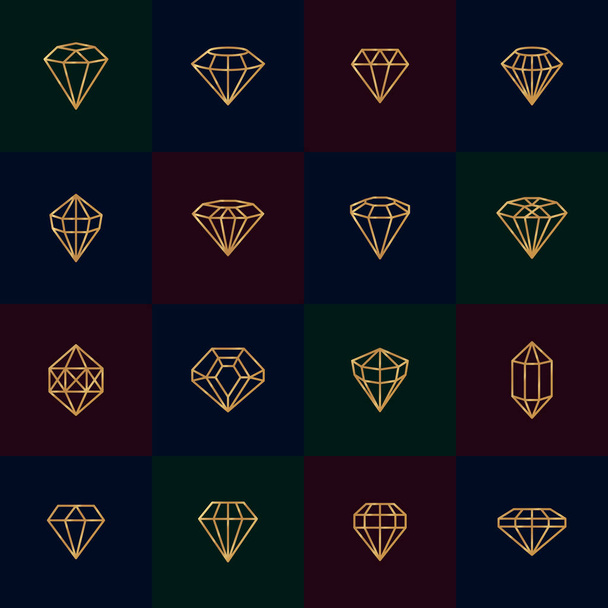 Diamonds gold line icons on dark background. Vector crystal and gems linear logo design elements. Luxury symbols - Vector, Image