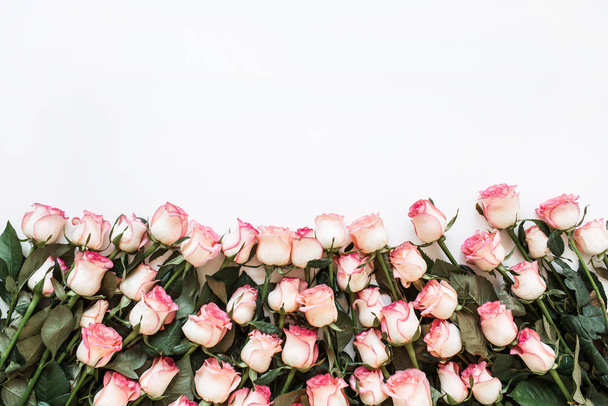 Kompozycja kwiatowa z wieloma różowymi kwiatami róż na białym tle. Płaskie ułożenie, widok z góry. - Zdjęcie, obraz