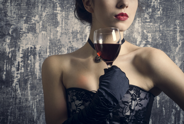 Woman with glass red wine - Photo, Image