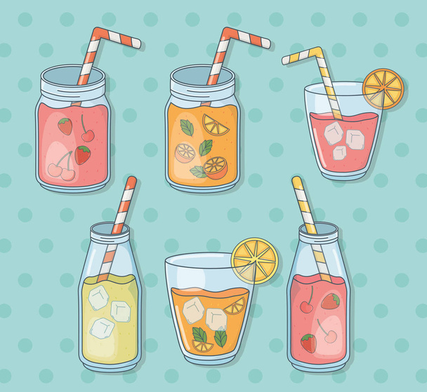 set of glasses containers with fruits juices and straws - Vetor, Imagem