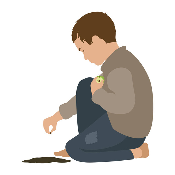 Szegény fiú almamagot ültet a földbe. Elszigetelt vektor illusztráció fehér alapon - Vektor, kép