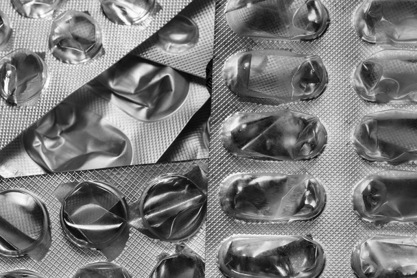 Colección de comprimidos usados y cubierta de la píldora vista de primer plano
 - Foto, imagen