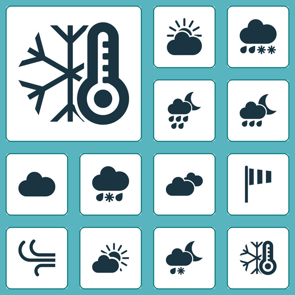 Iconos de aire con tormenta, lluvia, llovizna y otros elementos del termómetro. Iconos de aire de ilustración aislada
. - Foto, imagen