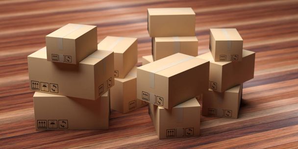 Cardboard packages stack on wood floor. 3d illustration - Φωτογραφία, εικόνα